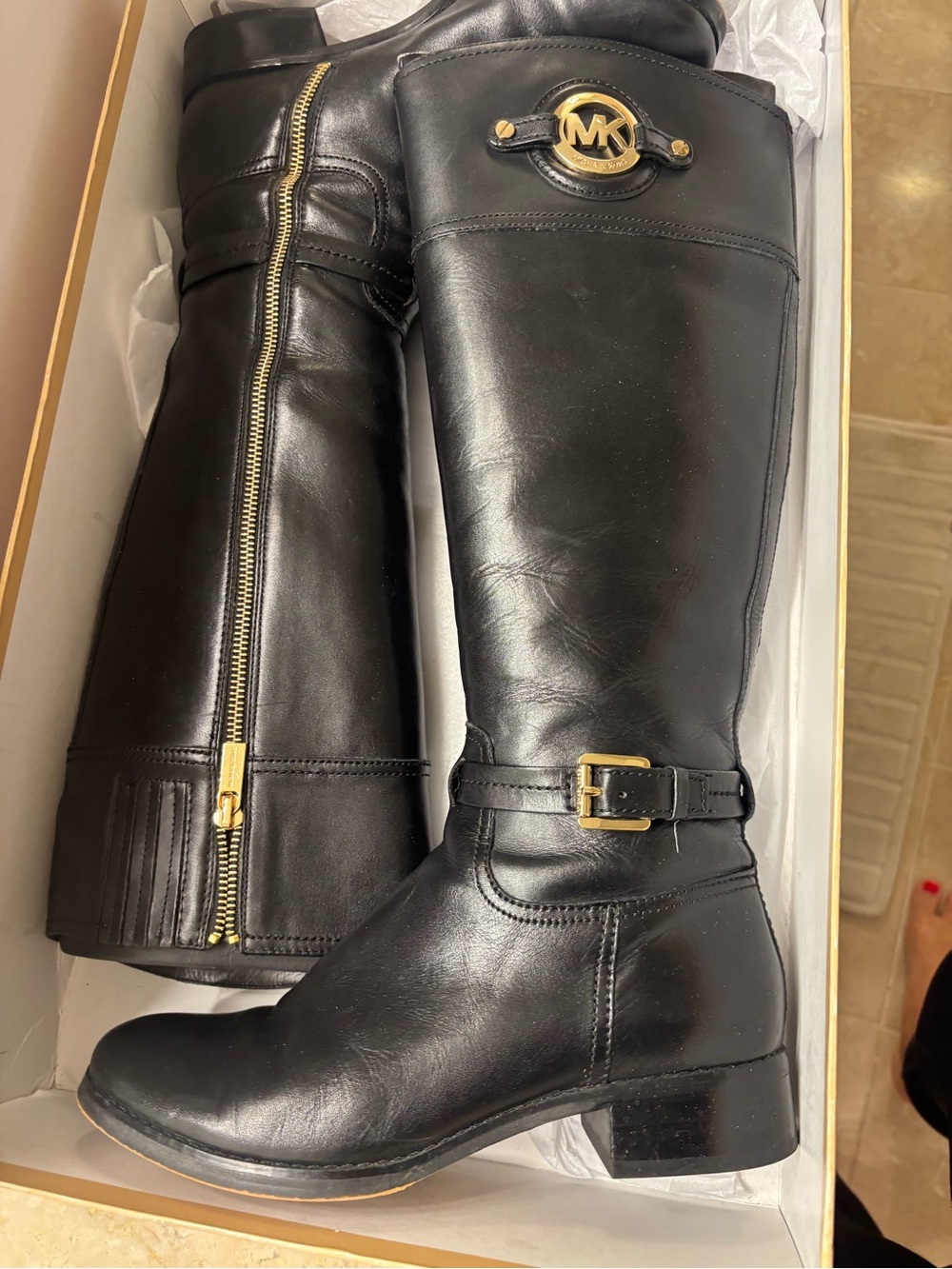 Michael Kors Black Leather Knee Boots with Gold Accents